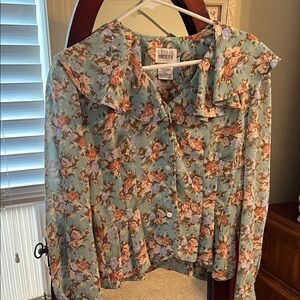 Leslie Fay Floral Blouse in Sky Blue and Peach